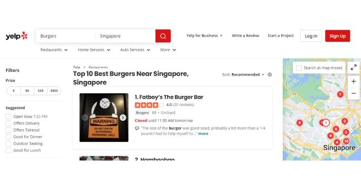 yelp results in Singapore