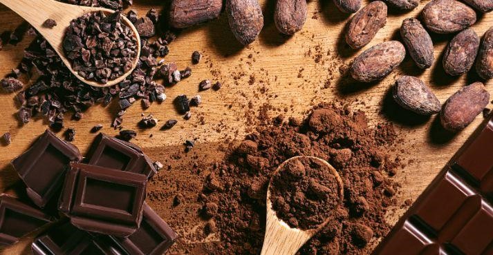 Chocolate-bar-nibs-cocoa-powder-heaped- in-wooden-spoons