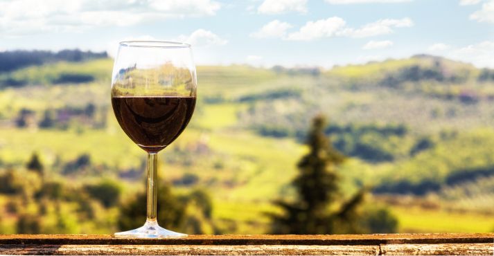 volcanic wine in front of a beautiful landscape